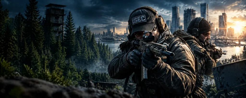 USEC operators in tactical gear with a forest watchtower and ruined city skyline at sunset.